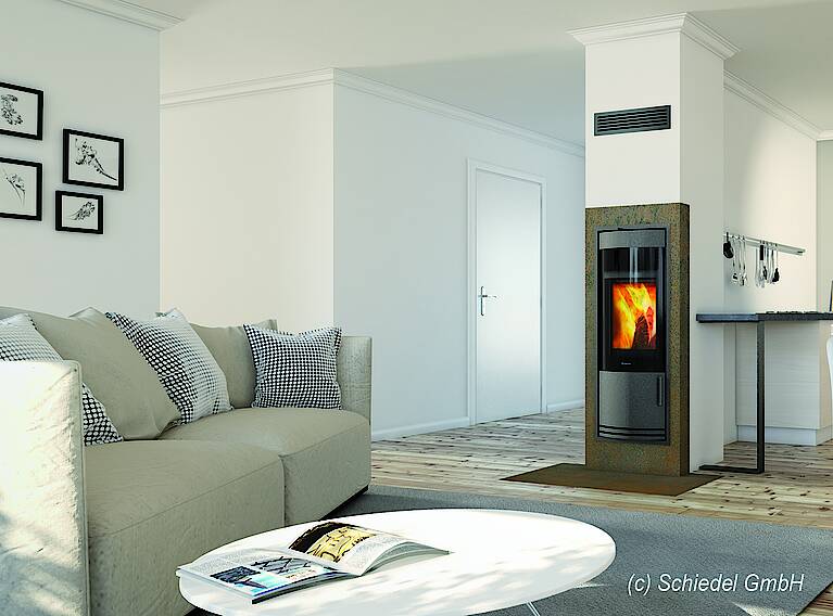 HARTLHAUS-Fertighaus-Ausbaustufen-Kamin Kamin in Wohnzimmer